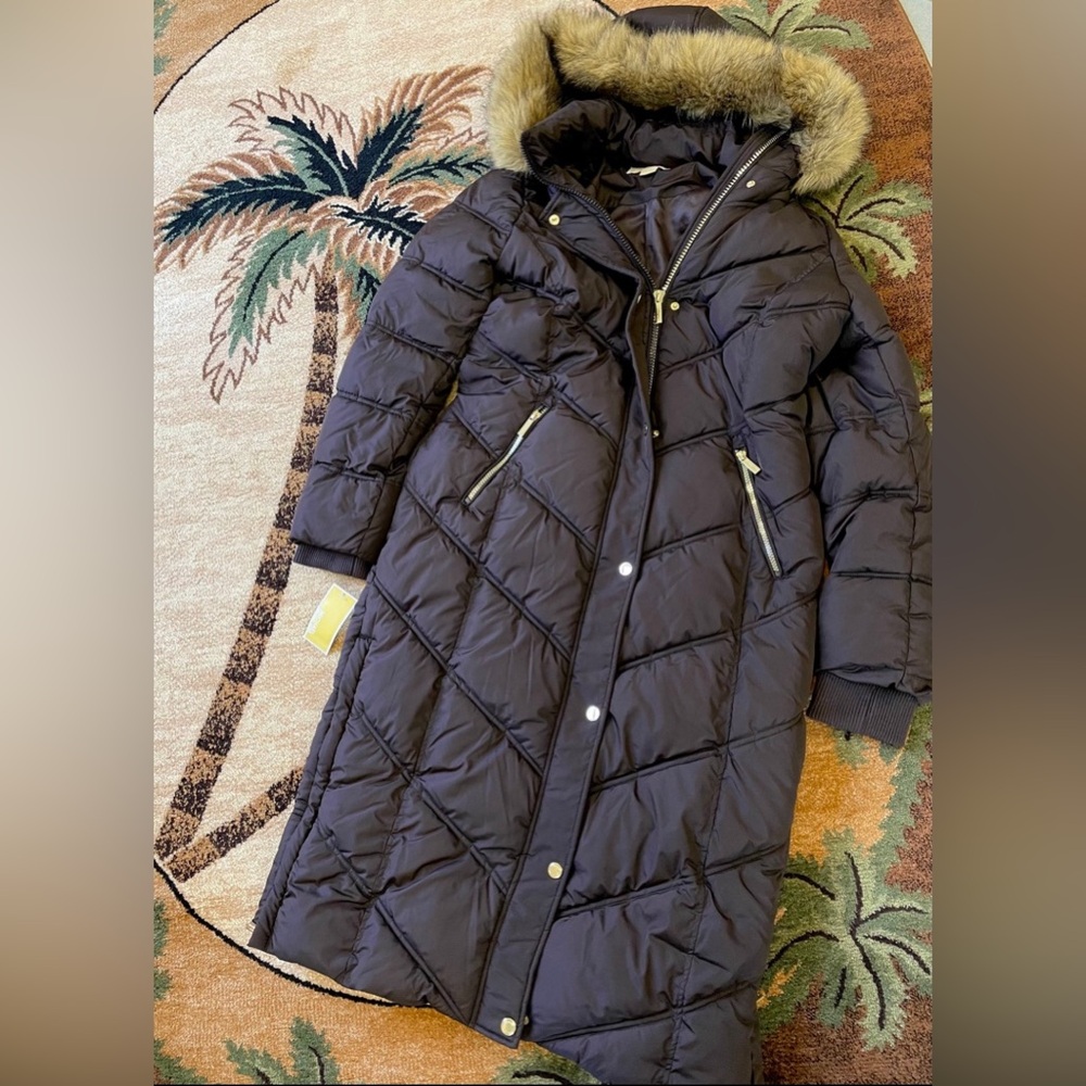 Michael Kors Chocolate Maxi Long Fur Puffer Coat Full Length S M L XL NWT $400 - Picture 4 of 16